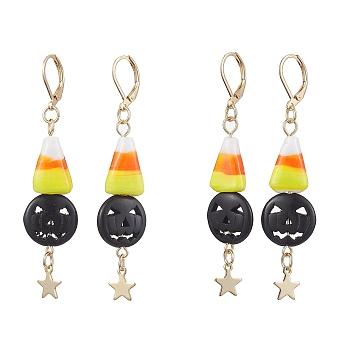 Halloween Candy Corn Handmade Lampwork & Black Pumpkin Synthetic Turquoise Leverback Dangle Earrings, Star 304 Stainless Steel Jewelry for Women, Colorful, 67x15mm