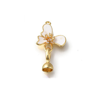 Brass Micro Pave Clear Cubic Zirconia Fold Over Clasps, with Enamel Shell, Butterfly, Real 18K Gold Plated, 34mm