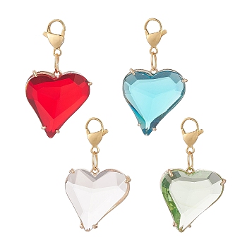 K9 Glass Pendants Decorations, 304 Stainless Steel Lobster Claw Clasp Charms, Asymmetrical Heart Charm, Mixed Color, 47.5mm
