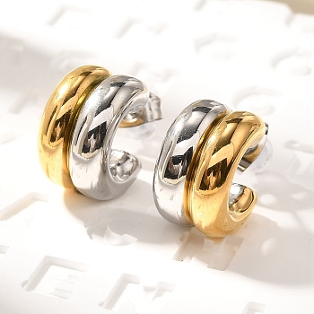 304 Stainless Steel Two Tone Stud Earrings, Two-layer C-Shaped, Golden & Stainless Steel Color, 14.5x9mm