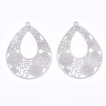 304 Stainless Steel Filigree Pendants, Etched Metal Embellishments, Teardrop with Leaf, Stainless Steel Color, 38.5x30x0.3mm, Hole: 1.6mm