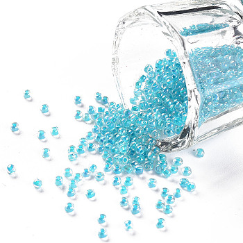 11/0 Grade A Round Glass Seed Beads, Transparent Inside Colours, AB Color Plated, Sky Blue, 2.3x1.5mm, Hole: 1mm, about 48500pcs/pound