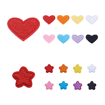 PandaHall Jewelry 80Pcs 16 Style Polyester Computerized Embroidery Cloth Iron on/Sew on Patches, Costume Accessories, Appliques, Heart & Star, Mixed Color, 17~20x17~26x1~1.5mm, 5pcs/style