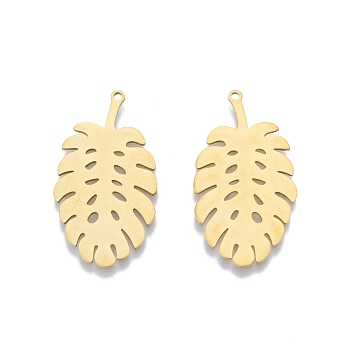 201 Stainless Steel Pendants, Monstera Leaf, Real 18K Gold Plated, 33.5x18.5x1mm, Hole: 1.4mm