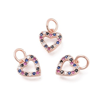 Brass Micro Pave Cubic Zirconia Charms, Heart, Colorful, Rose Gold, 11x10x2mm, Hole: 4mm