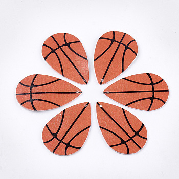 PU Leather Big Pendants, Single-Sided Basketball Pattern, Teardrop, Chocolate, 57.5x37x1mm, Hole: 2mm