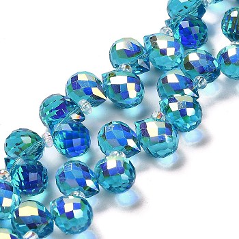 Electroplate Glass Beads Strands, Teardrop, Deep Sky Blue, 10~11x8mm, Hole: 1mm, about 96~98pcs/strand, 26.97''~27.17''(68.5~69cm)