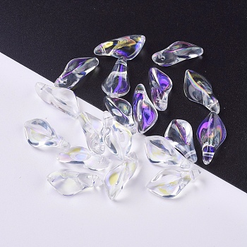 Transparent Glass Pendants, with Glitter Powder, Petal, Clear AB, 17.5x8.5x4.5mm, Hole: 1mm