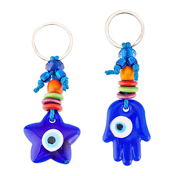 2Pcs 2 Style Turkish Blue Evil Eye Star/Hamsa Hand Pendant Alloy Keychain, with Iron Findings, Blue, 10.3~11.8cm, 1pc/style