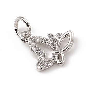 Brass Micro Pave Clear Cubic Zirconia Butterfly Charms, with Open Jump Rings, Platinum, 10x12x2mm, Jump Ring: 4.5x0.7mm, Inner Diameter: 3mm 
