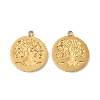 Manual Polishing 304 Stainless Steel Charms, Flat Round with Tree of Life Charm, Real 18K Gold Plated, 14x12x1.5mm, Hole: 1.2mm
