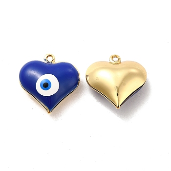 Brass Enamel Pendants, Real 18K Gold Plated, Long-Lasting Plated, Heart with Evil Eye, Dark Blue, 17x16.5x7mm, Hole: 1.2mm