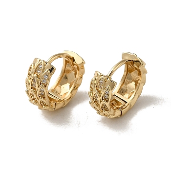 Brass Micro Pave Cubic Zirconia Hoop Earring, Leaf, Light Gold, 14x6mm