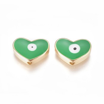 Golden Tone Brass Beads, with Enamel, Heart with Evil Eye, Green, 11x15x4.5mm, Hole: 1.6mm