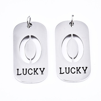 201 Stainless Steel Pendants, Laser Cut, with Jump Rings, Rectangle with Number and Word LUCKY, Stainless Steel Color, Num.0, 35x17x1.5mm, Jump Ring: 6x1mm, Inner Diameter: 4mm