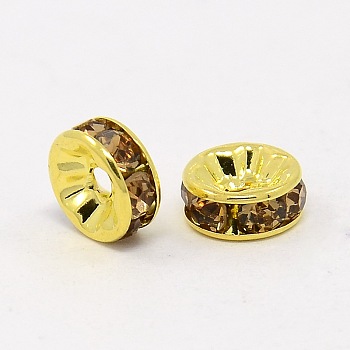 Brass Grade A Rhinestone Spacer Beads, Golden Plated, Rondelle, Nickel Free, Lt.Col.Topaz, 5x2.5mm, Hole: 1mm