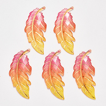 Transparent Acrylic Big Pendants, with Plated Bottom, Leaf, Yellow, 61.5x27x4mm, Hole: 1.2mm