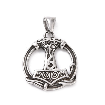304 Stainless Steel Pendants, Ring with Thor's Hammer, Antique Silver, 34.5x30x4mm, Hole: 4x8mm