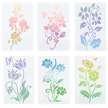 6Pcs 6 Styles Flower Theme PET Plastic Hollow Out Drawing Painting Stencils Templates, Rectangle, White, 280x180x0.3mm, 1pc/style