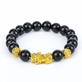 Natural Obsidian & Pi Xiu Stretch Bracelet, Gold