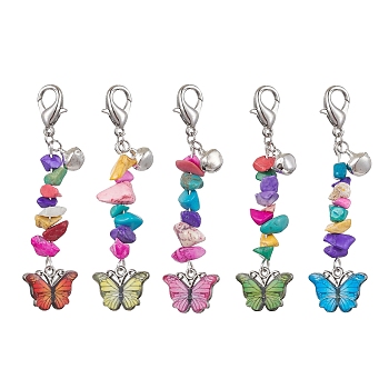 Alloy Enamel Butterfly Pendant Decoration, Synthetic Turquoise Chips and Alloy Lobster Claw Clasps Charm, Mixed Color, 68.5mm