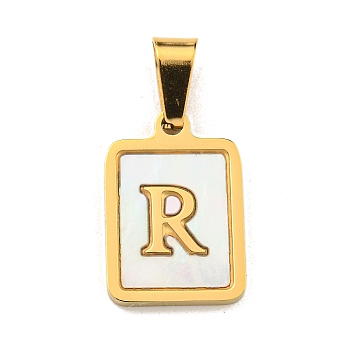 PVD Vacuum Plating 304 Stainless Steel Pave Natural White Shell Pendants, Rectangle with Letter Charms, Golden, Letter R, 17.5x12x1.5mm, Hole: 6x3mm