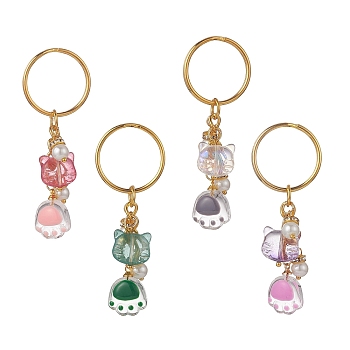 Transparent Glass Keychain, with Glass Beads and Iron Split Key Rings & Rhinestone Beads, Mixed Color, 6.9cm