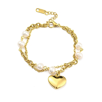 Vacuum Plating 304 Stainless Steel Double Layer Multi-strand Bracelet, Heart Charms Bracelet with Natural Pearl Beaded for Girl Women, Golden, 6-7/8 inch(17.4cm)