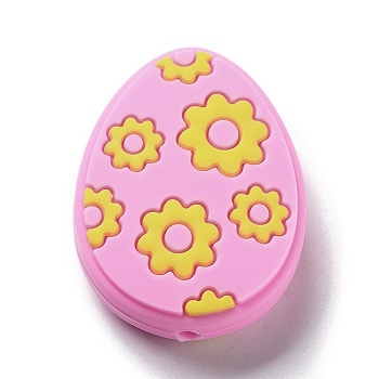 Easter Egg with Flower Silicone Beads, Pink, 29.5x23x9.5mm, Hole: 2.5mm