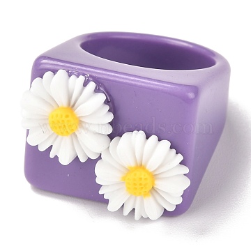 Acrylic Finger Rings, Square with Resin Daisy, White, US Size 7 3/4(17.9mm), 7~20mm, Inner Diameter: 18mm(RJEW-P022-A01)
