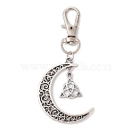 Tibetan Style Alloy Trinity Knot/Moon Pendant Decorationss, with Swivel Lobster Claw Clasps, Antique Silver, 73mm(HJEW-JM01527)
