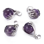 Gemstone Pendants, with Brass Findings and Natural Amethyst, Round, Platinum, Medium Purple, 27x18mm, Hole: 4x6mm(G-G074-12)