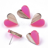 Transparent Resin & Wood Stud Earrings, with 304 Stainless Steel Pin, Heart, Deep Pink, 15x14~15mm, Pin: 0.7mm(EJEW-N017-002A-D06)
