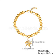 Stainless Steel Crystal Rhinestone Ball Beaded Bracelets with Pendants, Golden, Leaf, 5-1/2 inch(14cm), Pendant: 18.1x13.8mm(DM8226-2)