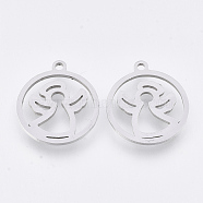 201 Stainless Steel Pendants, Laser Cut Pendants, Flat Round with Angel, Stainless Steel Color, 17x15x1mm, Hole: 1.4mm(STAS-T044-141P)