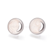 Real 18K Gold Plated Brass Stud Earring Findings, with Loop, Enamel and Ear Nuts, Flat Round with Moon, White, 14mm, Hole: 1mm, Pin: 0.7mm(KK-L180-119A-P)