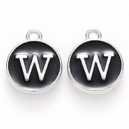Platinum Plated Alloy Charms, Cadmium Free & Lead Free, with Enamel, Enamelled Sequins, Flat Round with Letter, Letter.W, 14x12x2mm, Hole: 1.5mm(ENAM-S118-02W-P)