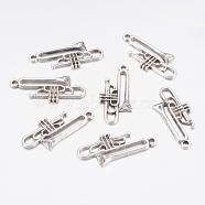 Alloy Pendants, Lead Free and Cadmium Free, Trumpet, Antique Silver, 35x15x3.5mm, hole: 2mm(UNKW-EA10916Y-AS)
