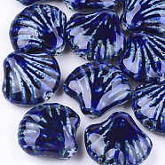 Handmade Porcelain Beads, Fancy Antique Glazed Porcelain, Shell, Blue, 28~29x32~33x12.5~14mm, Hole: 3~3.5mm(X-PORC-S498-36B)