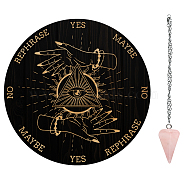 AHADERMAKER 1Pc Wood Pendulum Board, 1Pc 304 Stainless Steel Cable Chain Necklaces, 1Pc Natural Rose Quartz Stone Pendants, for Witchcraft Wiccan Altar Supplies, Triangle Pattern, Board: 200x4mm(DIY-GA0005-20D)