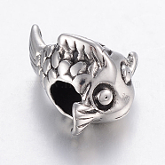304 Stainless Steel European Beads, Large Hole Beads, Fish, Antique Silver, 16x11x14mm, Hole: 5mm(STAS-H440-129AS)