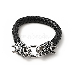 Leather Braided Round Cord Bracelet, 304 Stainless Steel Dragon Head Clasps Gothic Bracelet for Men Women, Antique Silver, 8-3/4 inch(22.3cm)(BJEW-E009-06AS)