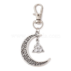 Tibetan Style Alloy Trinity Knot/Moon Pendant Decorationss, with Swivel Lobster Claw Clasps, Antique Silver, 73mm(HJEW-JM01527)