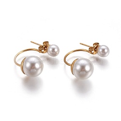 304 Stainless Steel Stud Earrings, with Plastic Beads, Golden, 21~24x10x10mm, Pin: 0.7mm(EJEW-P184-01G)