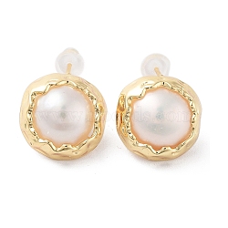 Half Round Natural Pearl Stud Earrings with Brass Findings and 925 Sterling Silver Pins, Real 14K Gold Plated, 14mm(EJEW-P256-90G)