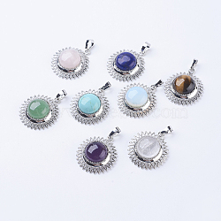 Natural & Synthetic Mixed Stone Pendants, with Brass Findings, Sun, Platinum, 31.3x27.5x10mm, Hole: 5x7mm(G-P352-C)