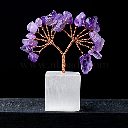 Natural Amethyst Chips Tree of Life Decorations, Natural Selenite Cube Base Copper Wire Feng Shui Energy Stone Gift for Women Men Meditation, 60mm(PW-WG21303-01)