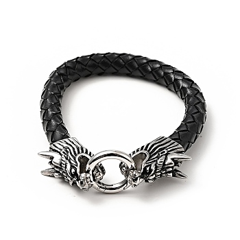 Leather Braided Round Cord Bracelet, 304 Stainless Steel Dragon Head Clasps Gothic Bracelet for Men Women, Antique Silver, 8-3/4 inch(22.3cm)