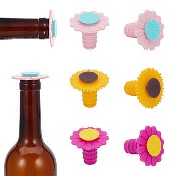 6Pcs 3 Colors Silicone Wine Bottle Stoppers, Flower Shape, Mixed Color, 49.5x42.5mm, 2pcs/color