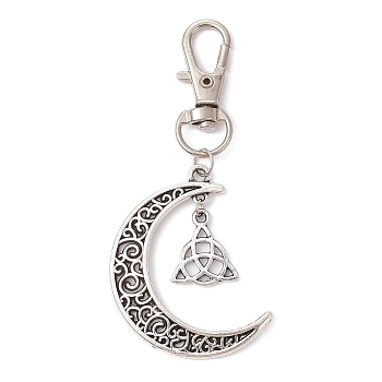 Tibetan Style Alloy Trinity Knot/Moon Pendant Decorationss, with Swivel Lobster Claw Clasps, Antique Silver, 73mm